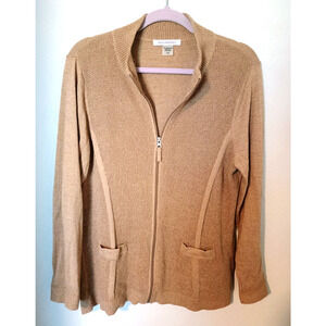 Allison Daley Tan Brown Textured Cotton Blend Front Zip Cardigan Sweater L